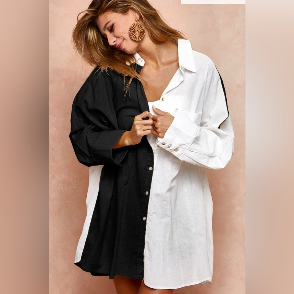 BiBi Oversized Color Block button down tunic - Picture 1 of 3